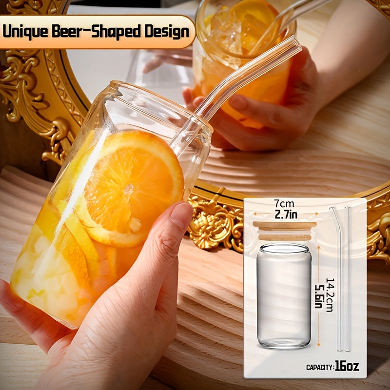 6pcs Glass Mug Set, 16 Oz. Drinking Mug With Bamboo Lid And Straw For Coffee, Soda, Smoothies, Tea Juice, Party Drinkware