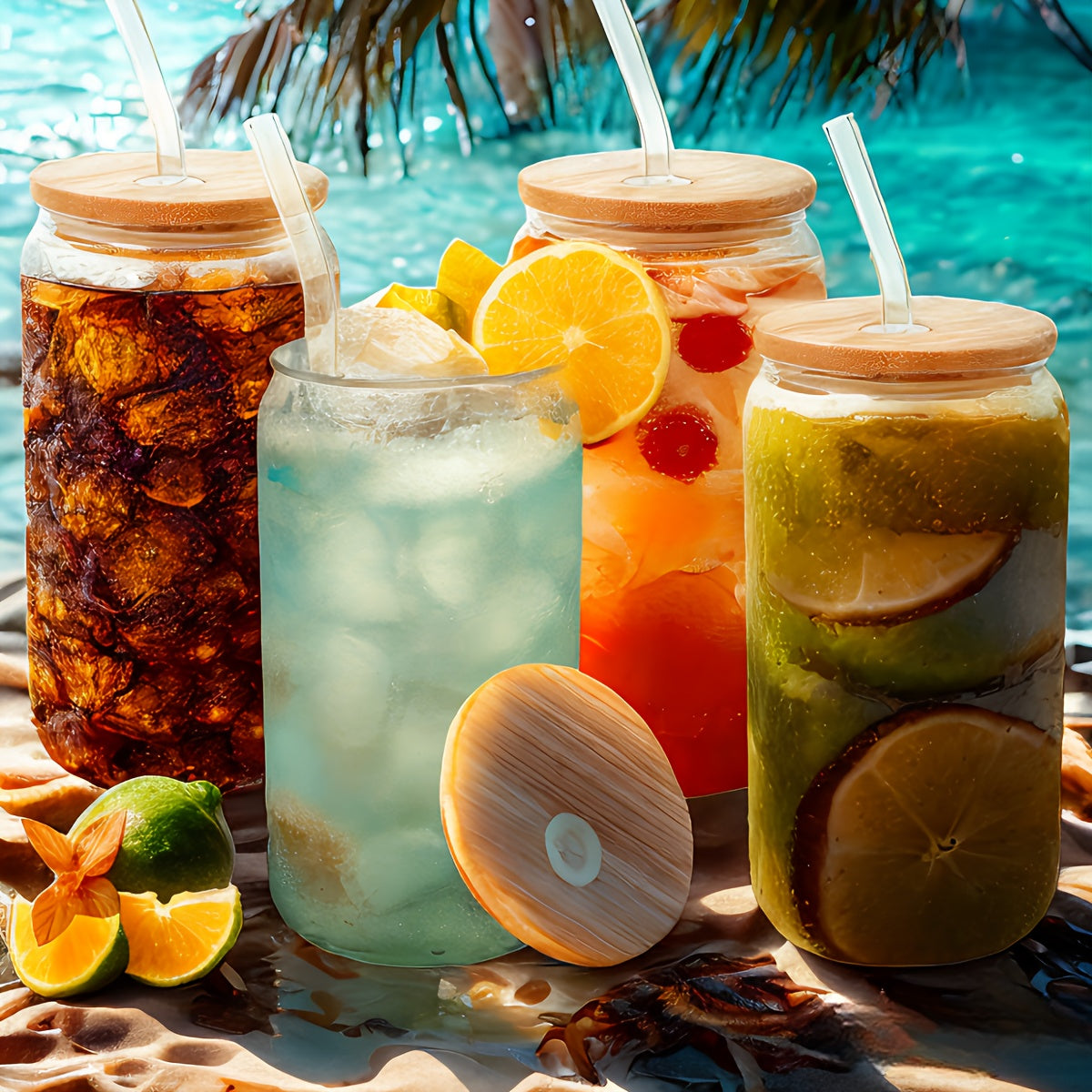 4pcs Reusable 16oz Glass Tumblers with Bamboo Lids & Straws – Hawaiian-Themed Drinkware for Iced Coffee, Smoothies, Boba, Soda, and Tea – BPA-Free, Hand Wash Only, Perfect for Summer Beverages by the Beach or Pool