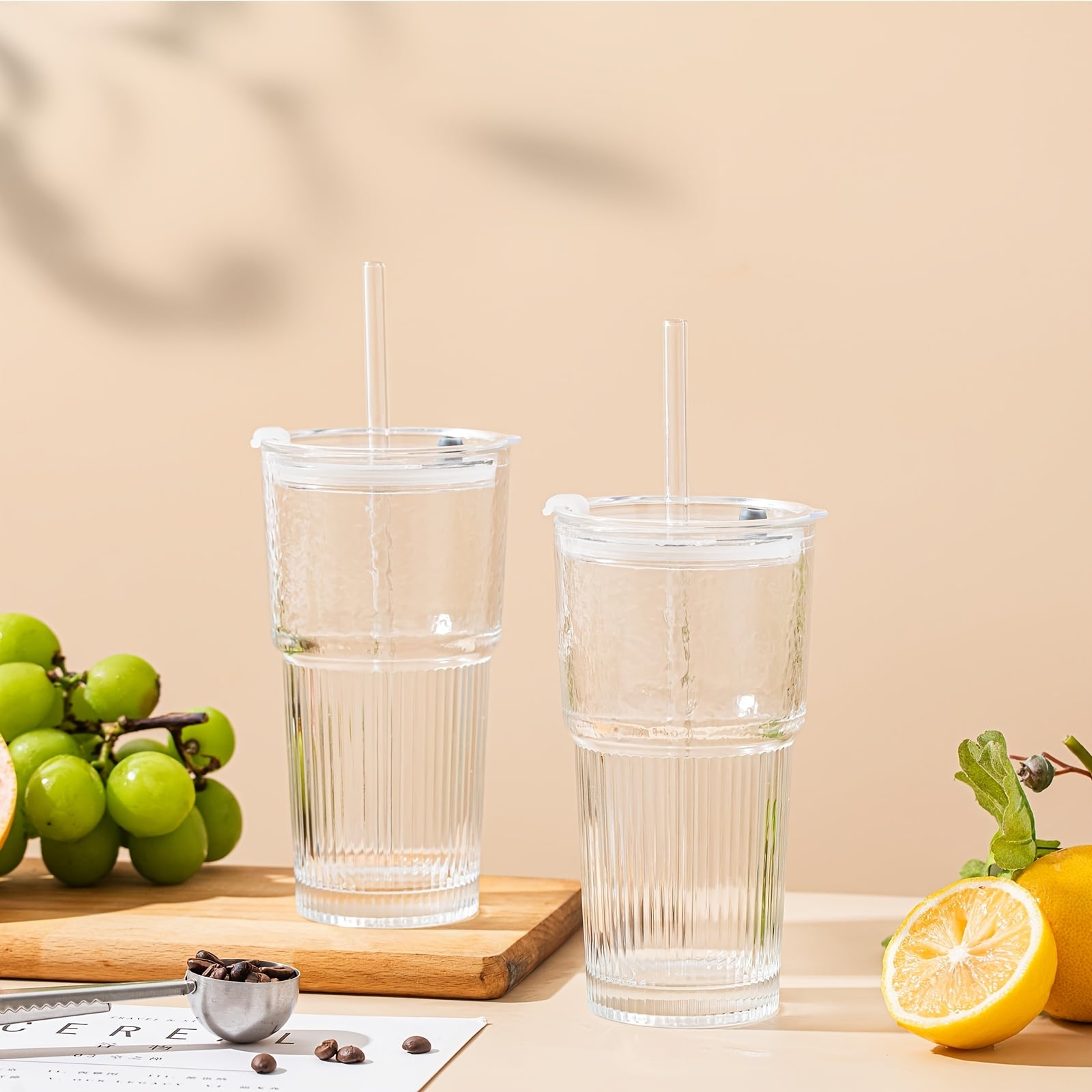 Glasses with Lid And Straw, 4/2pcs - Stylish Ribbed Design Drinking Cups for Iced Coffee Cups, Juices, Smoothies, Cold Drinks, Cleaning Brushes Included, Durable Glassware