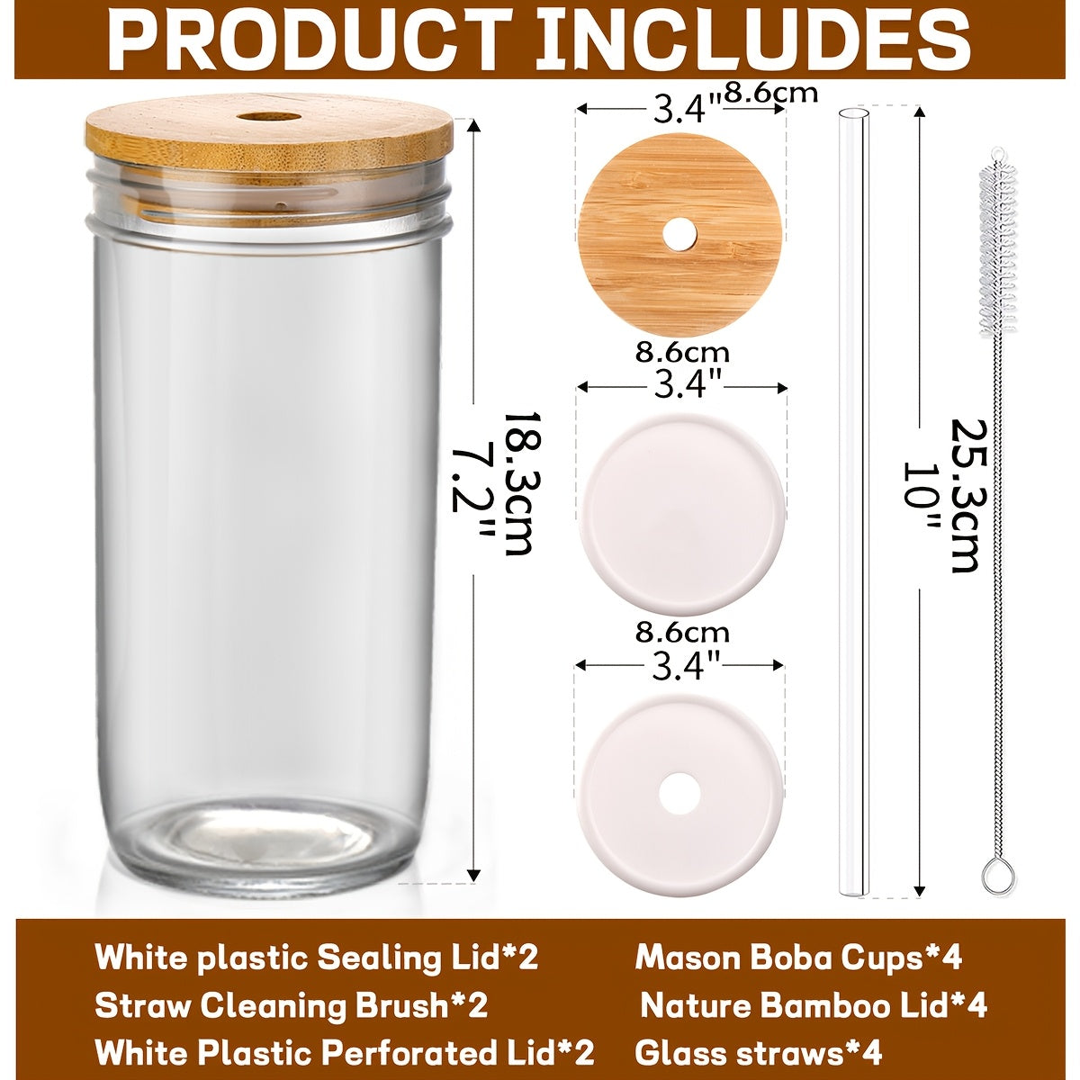 4pcs Glass Cup Set with Wooden Lids & Straws - BPA-Free, Reusable Drinking Jars for Hot & Iced Coffee, Tea, and Beverages - Ideal for Outdoor, Parties & Gifts - Christmas Essential, Cup Accessories