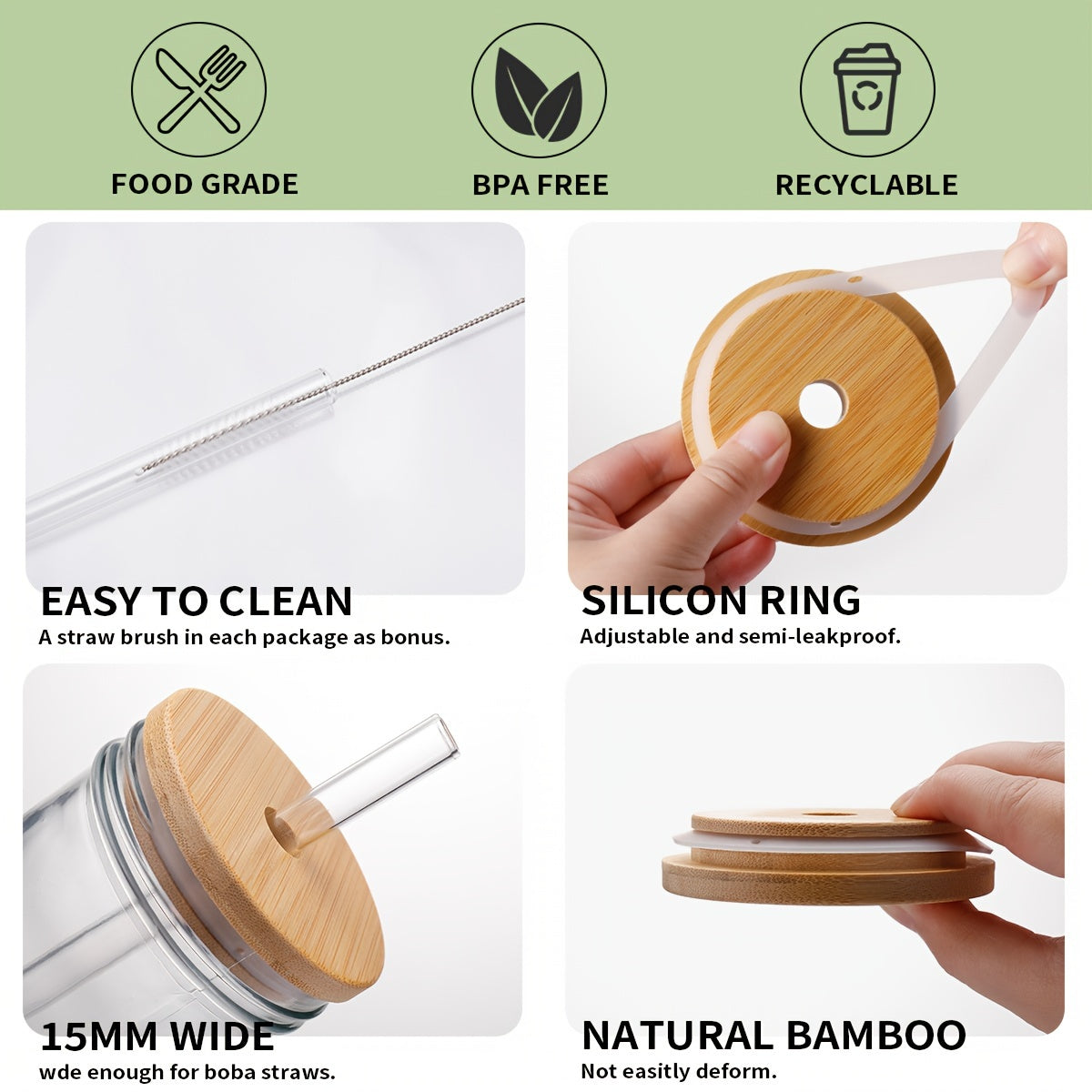 4pcs Mason Jar Drink Cups with 4 Bamboo Lids, Straws And Plastic Lids - Reusable Cute Boba Bottle, Iced Coffee Cup, Bubble Tea Travel Flask, Smoothie, Juice Jug
