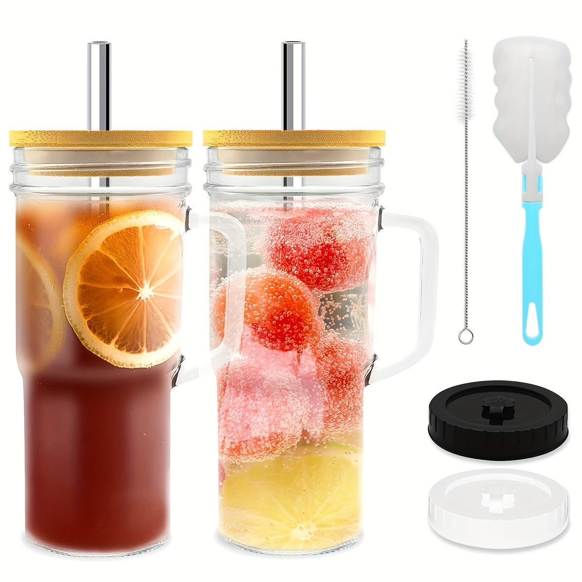 4/2pcs Glasses with Lids And Straws 24 Oz/700 Ml Mason Jar Beverage Mugs with Handles Straw Brush Cup Brush for Iced Tea Or Coffee, Christmas, Halloween, Gift Mugs