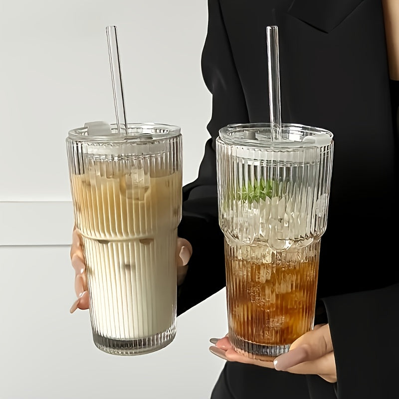 1/2 Ins Large Capacity Reusable Glass Cup with Leak-Proof Lid & Straw - Vertical Striped Design, Oval Shape for Hot & Cold Beverages - Modern Drinkware for Coffee, Tea, Juice - Perfect for Home, Office, Travel, Holiday Gifts, Office Drinkware, Stylish
