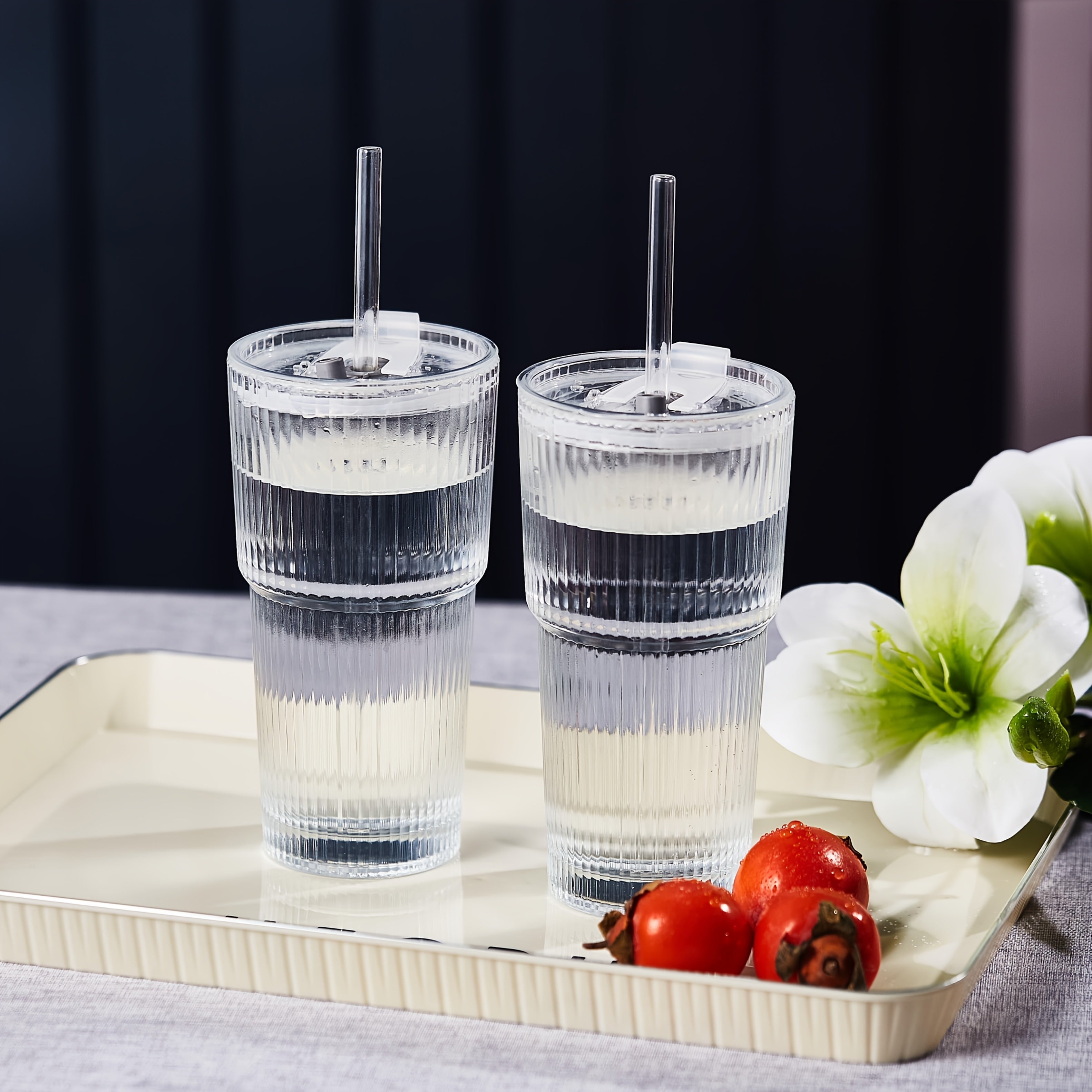2pcs, 600ml/20oz Large Striped Glass with Lid - Reusable, Suitable for Cold Drinks, Juice, And Coffee - Ideal for Home, Office, And Holiday Gatherings, Perfect for Mother's Day And Easter Gifts.