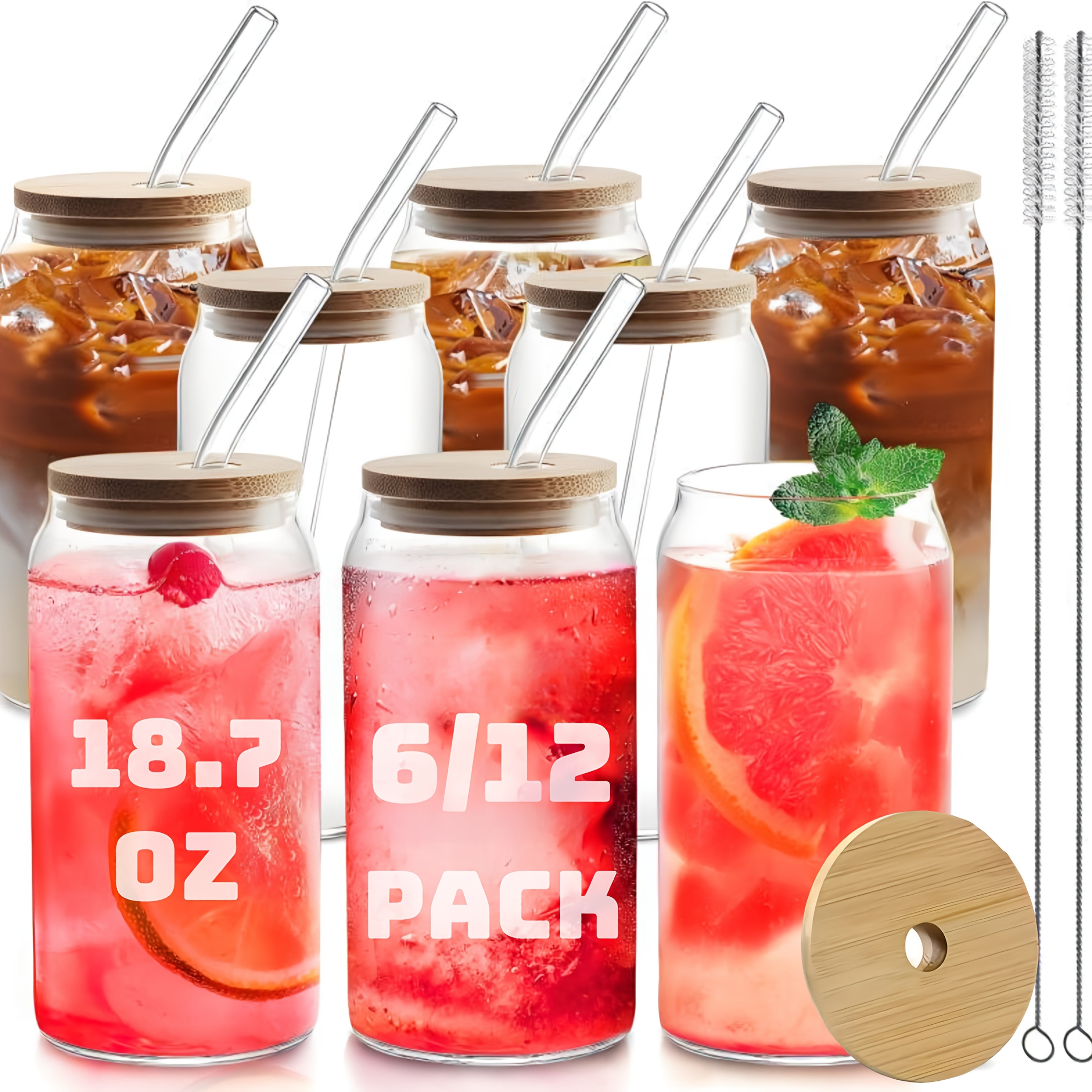 6/12pcs, Glass Straw Cups with Bamboo Lids, Perfect for Mason Jar Cups, Iced Coffee Cups, Milk Tea Cups, Soda Water, Boba Tea, Reusable, Suitable for Furniture Kitchens, Hotels, Home Party Supplies, 18.7 Ounces/550 Milliliters