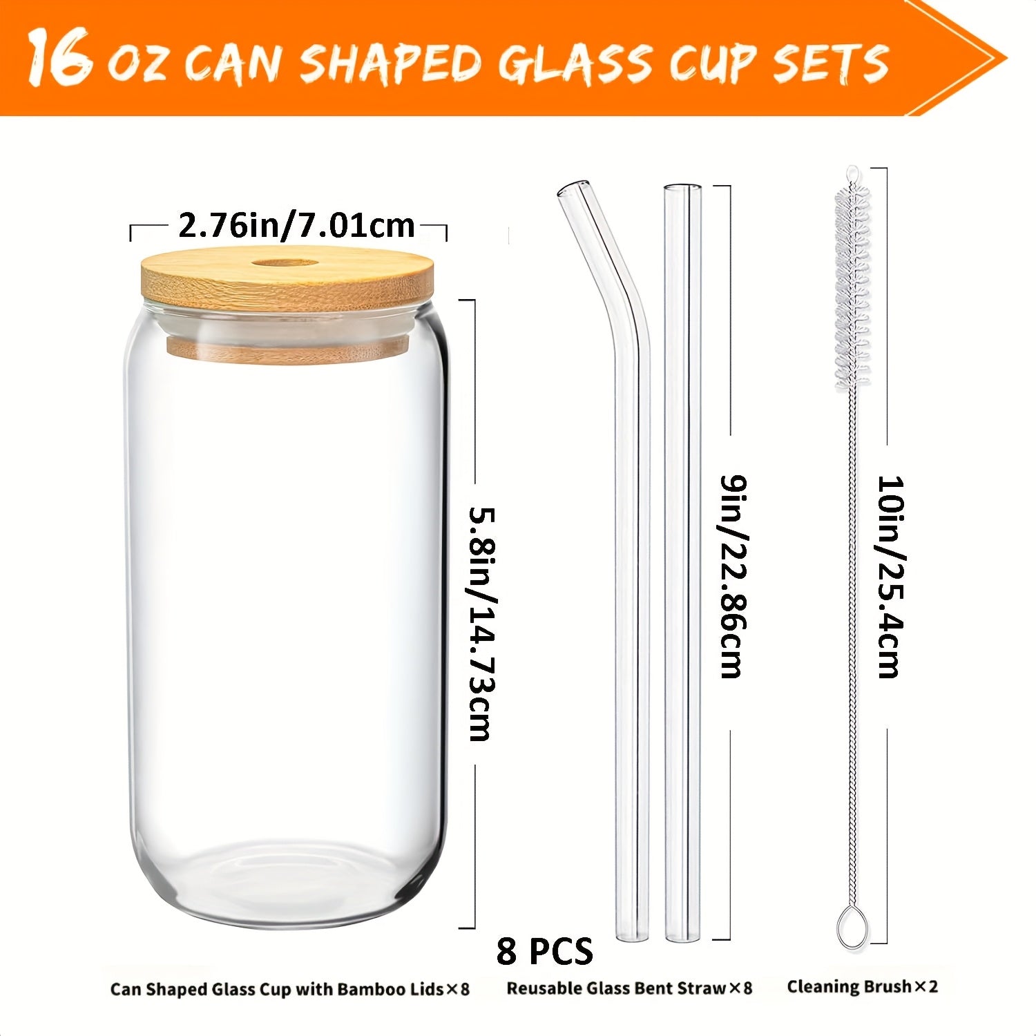 Glass Cups With Bamboo Lids And Straws 8 Set 16 Oz Reusable Iced Coffee Cup Beer Can Drinking Jars For Smoothie Boba Soda Tea, Gift, Glass Coffee Cups, Include Cleaning Brushes