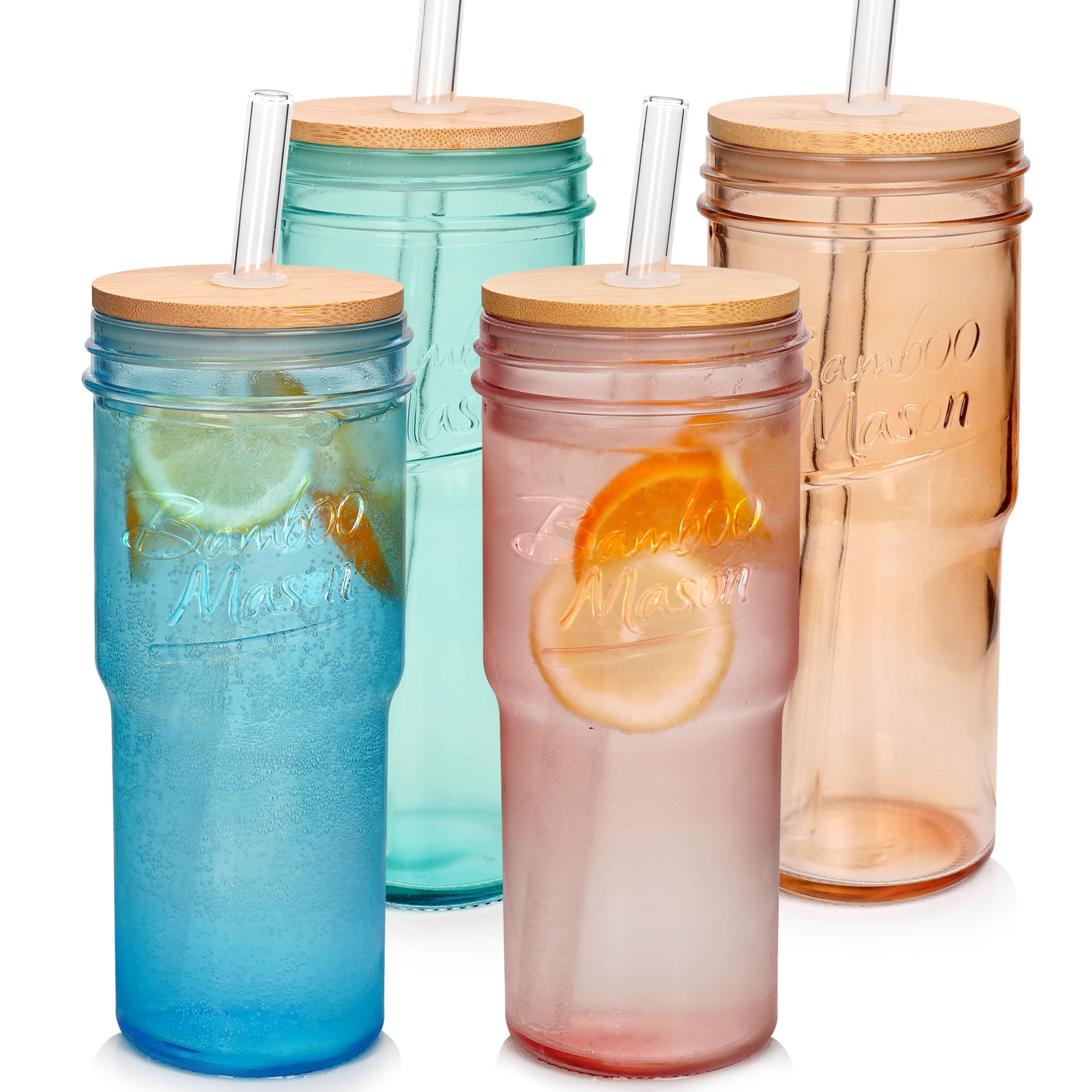 Summer Drinkware - Glass Cups With Lids And Straws 4 Packs, 24 Oz Travel Coffee Mug Wide Mouth Mason Jar Iced Coffee Cup Smoothie Cup Glass Tumbler Tea Cup Clear Water Cups Drinking Jars Glasses BBQ Party Pitcher With Lid