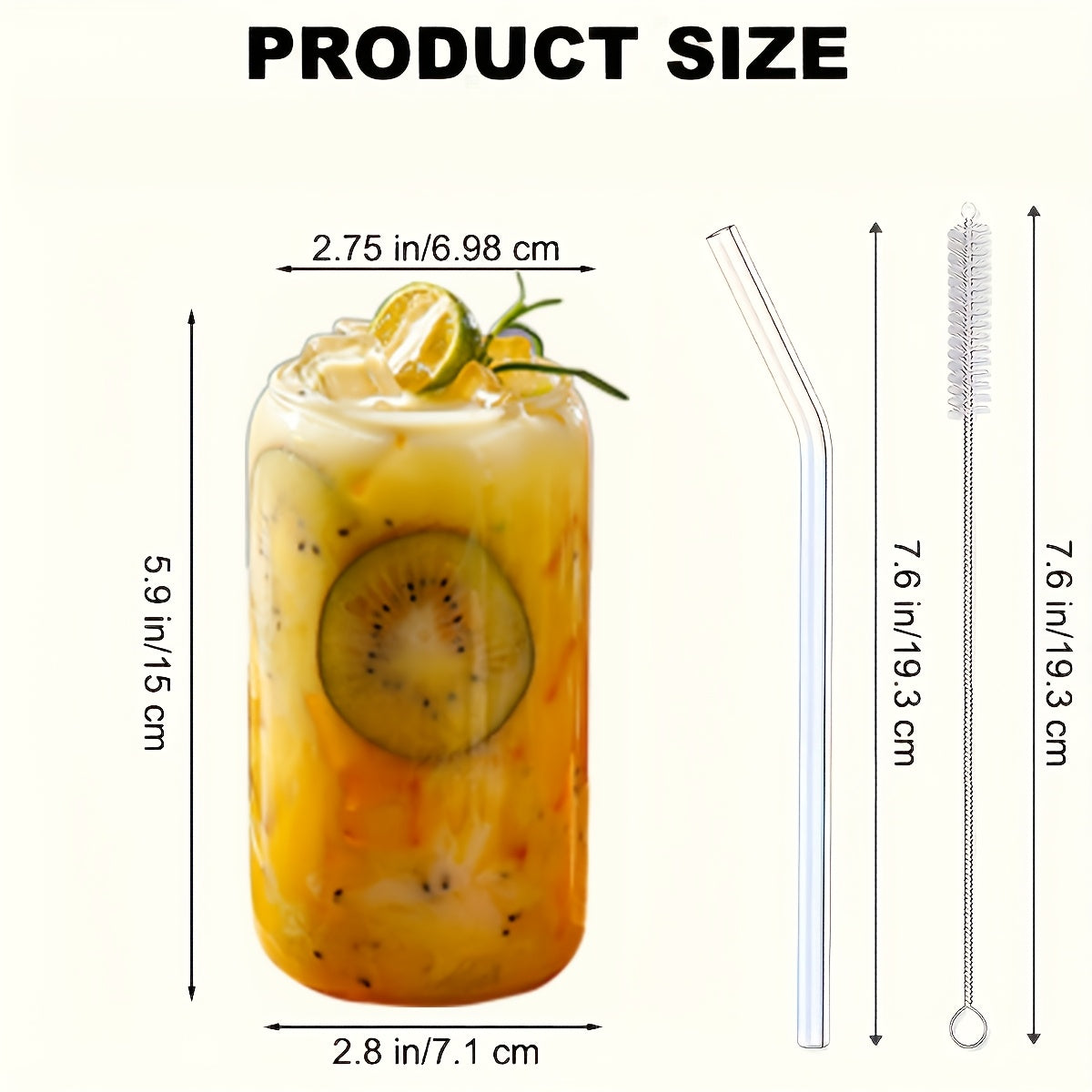 12/16pcs Glass Cup, 16oz with Bamboo Lid and Glass Straw Drinking Water Cup, Suitable for Ice Cups American Style, Juice, Milk - Comes with 2 Straws Cleaning Brushes