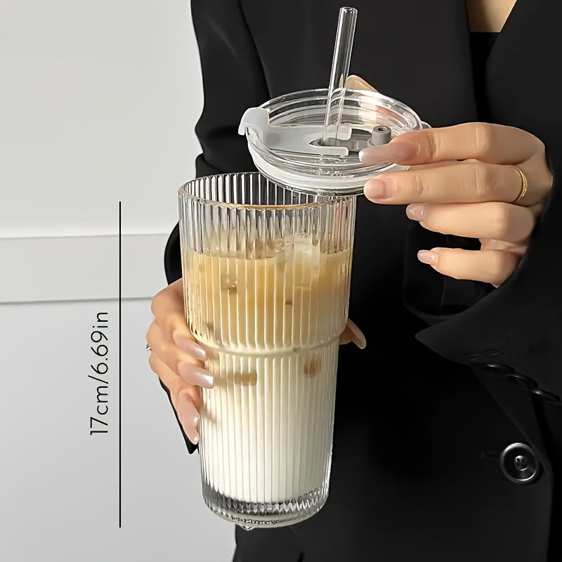 2/4pcs Vintage Striped Glasses, Glasses With Glass Straws, 19 Oz Coffee Mugs, Thickened High Borosilicate Material Glasses, Perfect For Iced Coffee, Juice, Drinks, Family And Parties