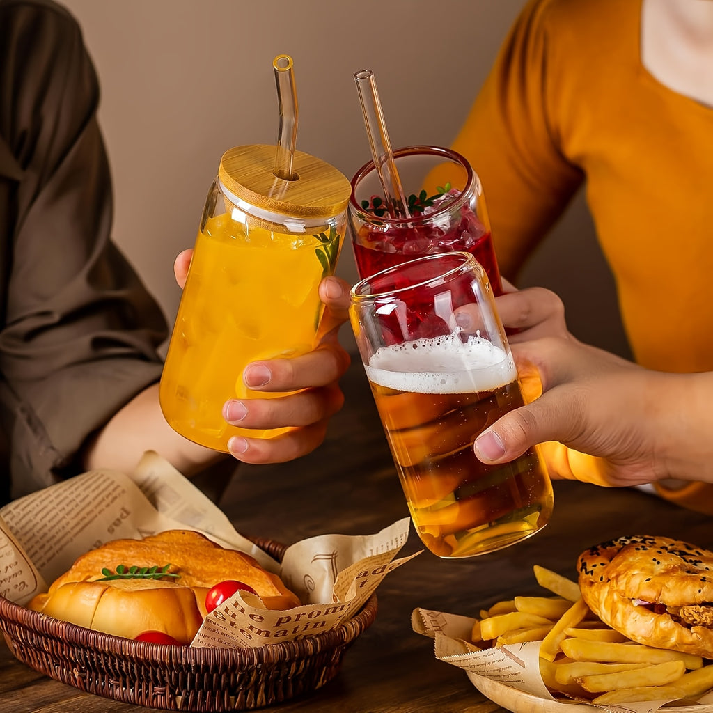 4pcs, 18.6oz/550ml, Including Bamboo Lid, Straw, Straw Brush Glass Set, with A Smooth And Pleasing Contour Design Similar to Traditional Aluminum Cans. It Is Definitely An Ideal Container for Iced Coffee, Milk Tea, Soda Water, Juice