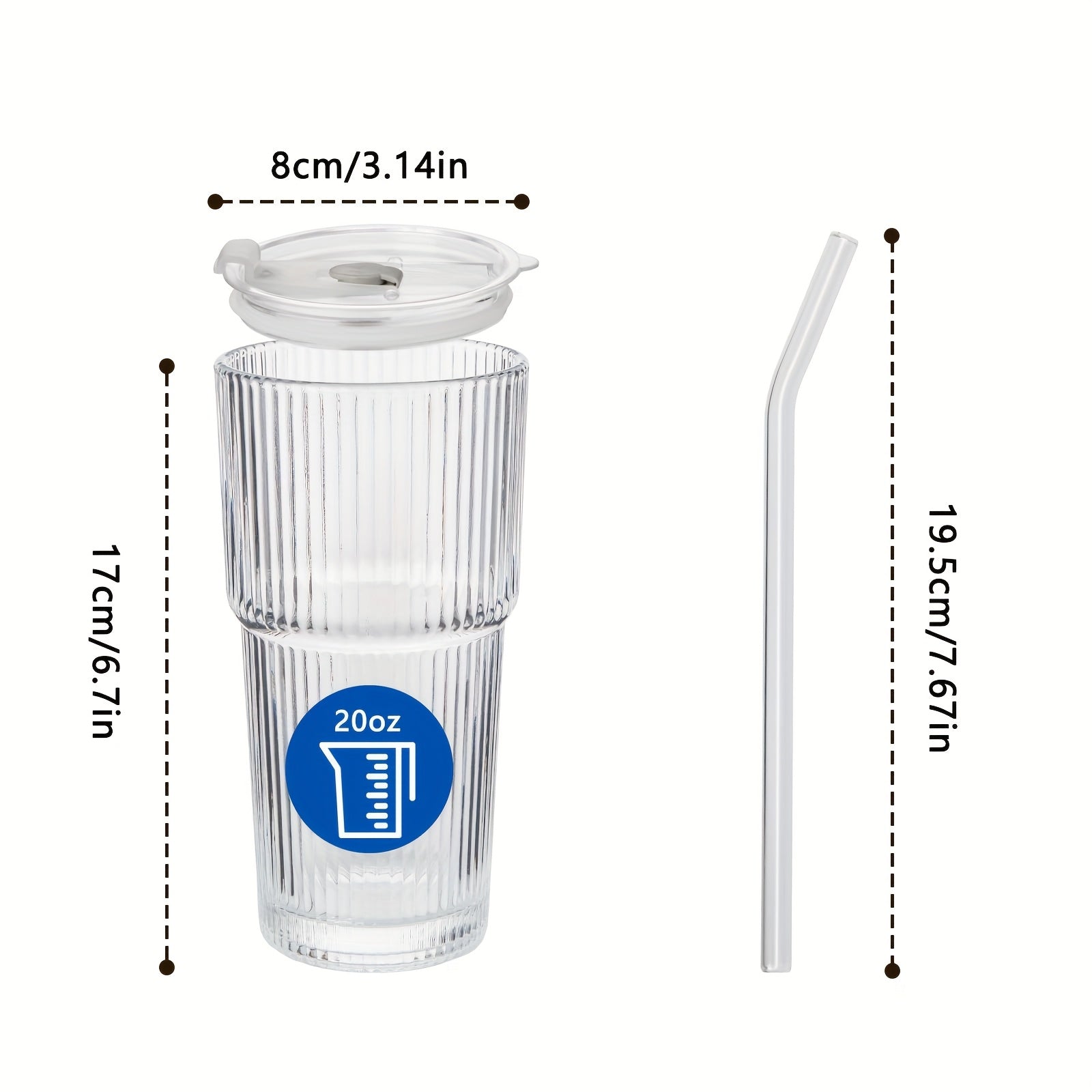 2pcs 20 Oz Ribbed Glass Tumblers With Lids And Glass Straws 4piece Glassware Set, Thickened Glass, Ideal For Iced Coffee, Smoothies, Cocktails, And Juices Elegant And Durable Drinkware