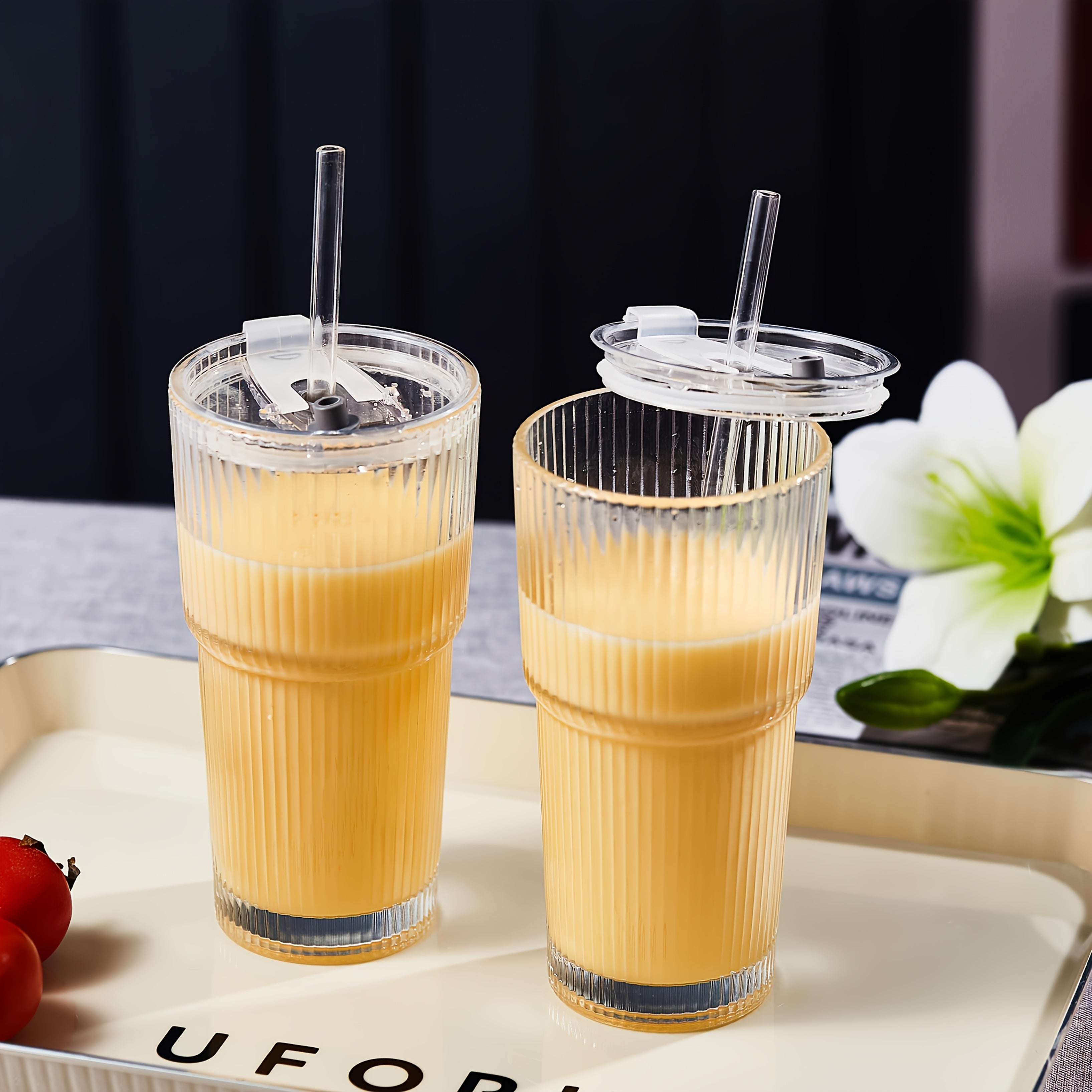 2pcs, 600ml/20oz Large Striped Glass with Lid - Reusable, Suitable for Cold Drinks, Juice, And Coffee - Ideal for Home, Office, And Holiday Gatherings, Perfect for Mother's Day And Easter Gifts.