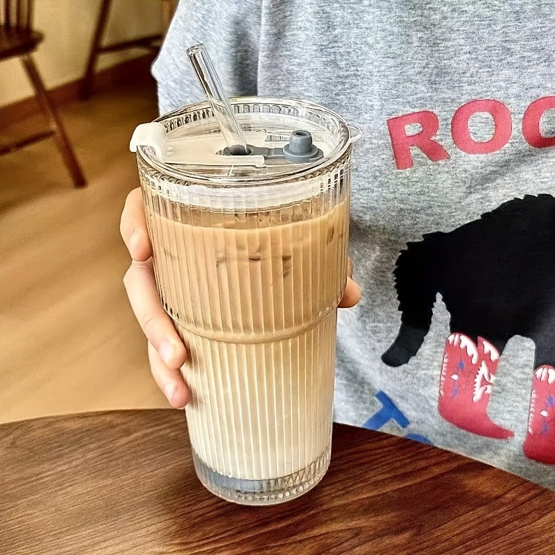 1/2 Ins Large Capacity Reusable Glass Cup with Leak-Proof Lid & Straw - Vertical Striped Design, Oval Shape for Hot & Cold Beverages - Modern Drinkware for Coffee, Tea, Juice - Perfect for Home, Office, Travel, Holiday Gifts, Office Drinkware, Stylish