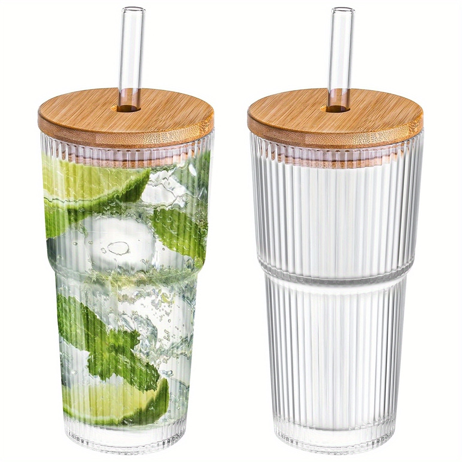 2pcs Dingerjar 20oz Ribbed Glass Tumblers with Bamboo Lids & Glass Straws - Wide Mouth Thickened Vintage Cups for Boba Tea, Iced Coffee, Juice - Reusable, Dishwasher Safe, High-Quality Drinkware, Travel Drinkware, Natural Bamboo Design, Durable Drinkware,