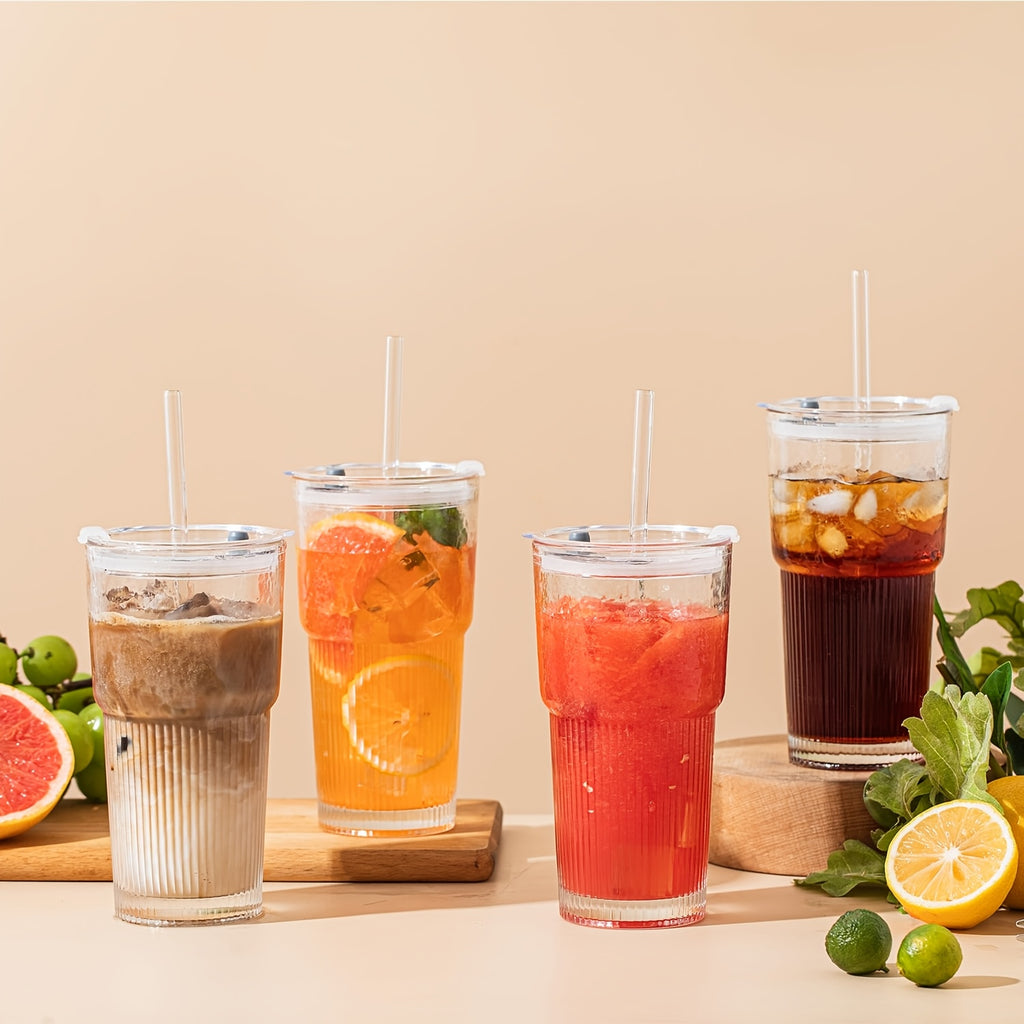 Glasses with Lid And Straw, 4/2pcs - Stylish Ribbed Design Drinking Cups for Iced Coffee Cups, Juices, Smoothies, Cold Drinks, Cleaning Brushes Included, Durable Glassware