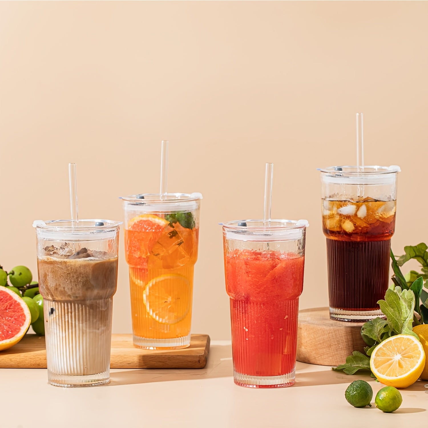 Glasses with Lid And Straw, 4/2pcs - Stylish Ribbed Design Drinking Cups for Iced Coffee Cups, Juices, Smoothies, Cold Drinks, Cleaning Brushes Included, Durable Glassware